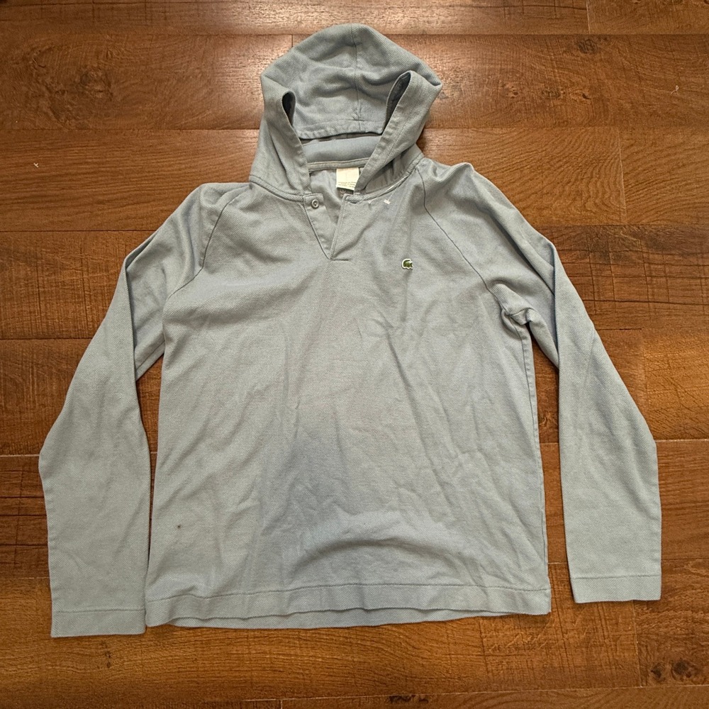Lacoste Hoodie Mens 5 L Light Blue Pique Cotton V-Neck Long Sleeve Pullover